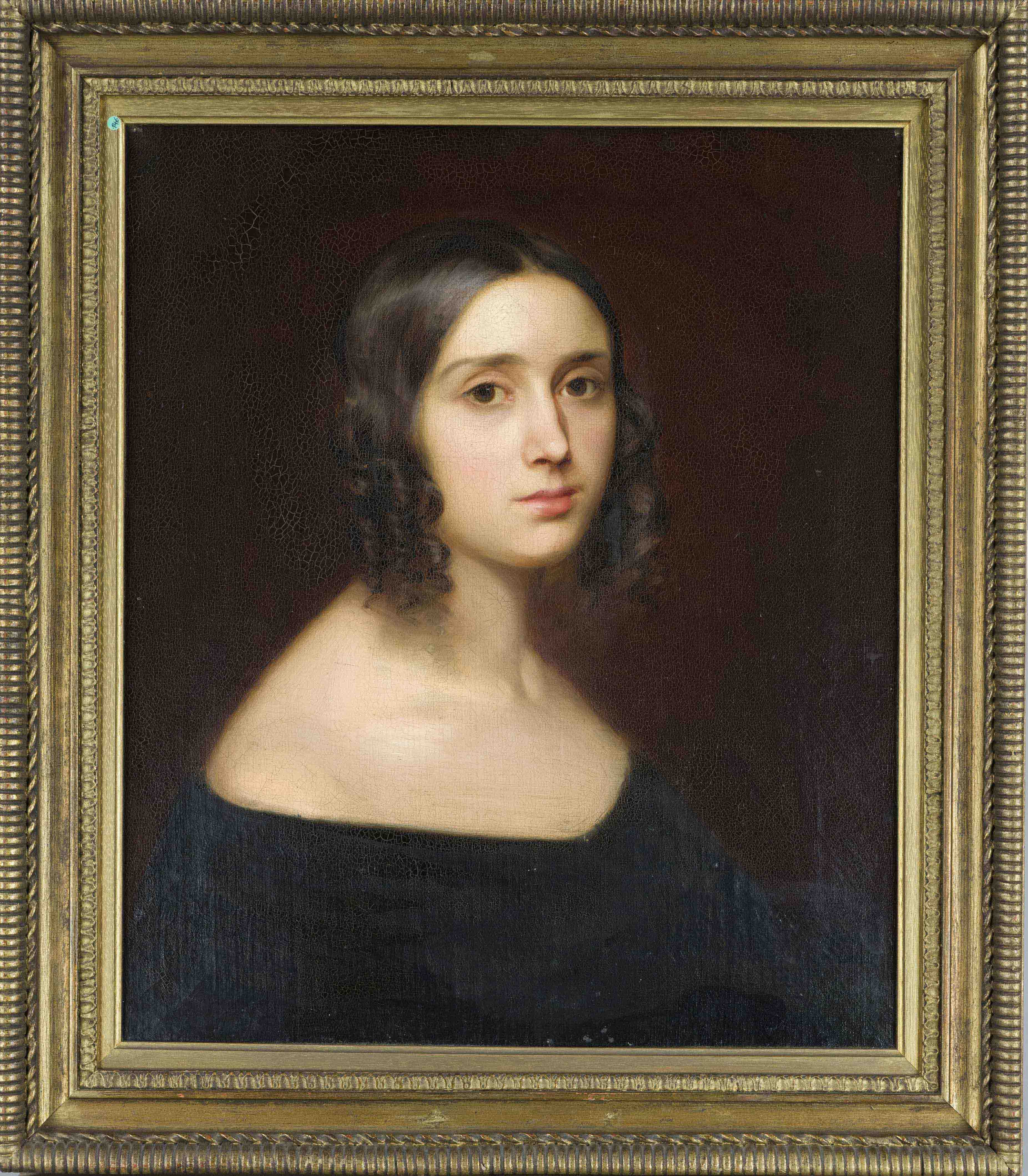 Unidentified Biedermeier portrait painter, Portrait of a young woman with corkscrew curls, oil on