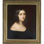 Unidentified Biedermeier portrait painter, Portrait of a young woman with corkscrew curls, oil on