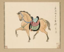 Chinese painter of the 20th century, depiction of a saddled horse, watercolor/ink on fabric (