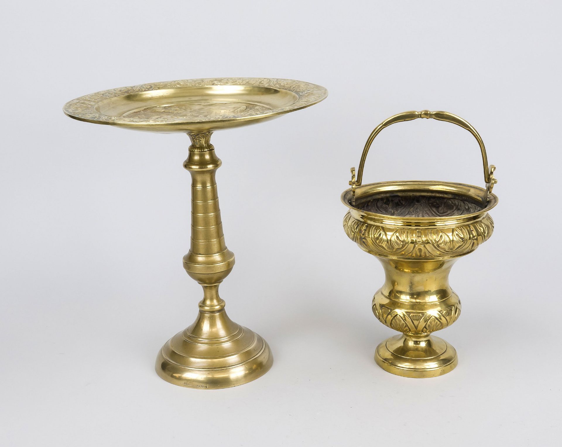 2 brass pieces, 19th century, large centerpiece, the mirror with a relief scene depicting the