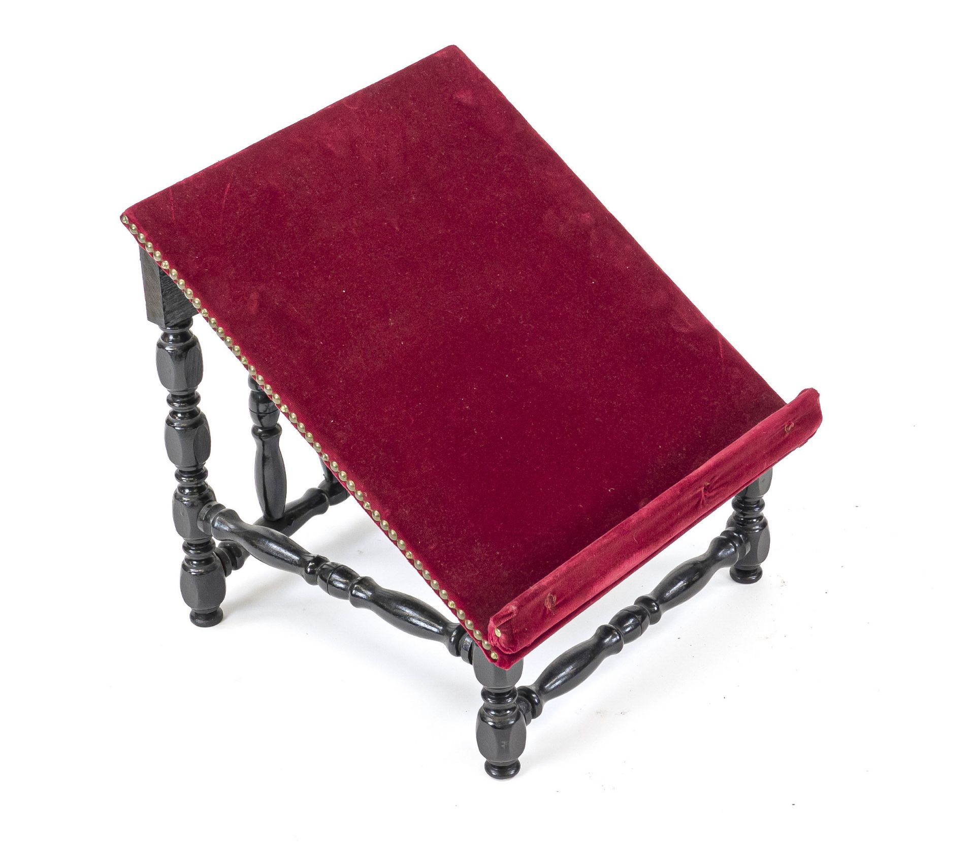 Book stand, c. 1900, black varnished oak, red velvet cover, 42 x 40 x 48 cm