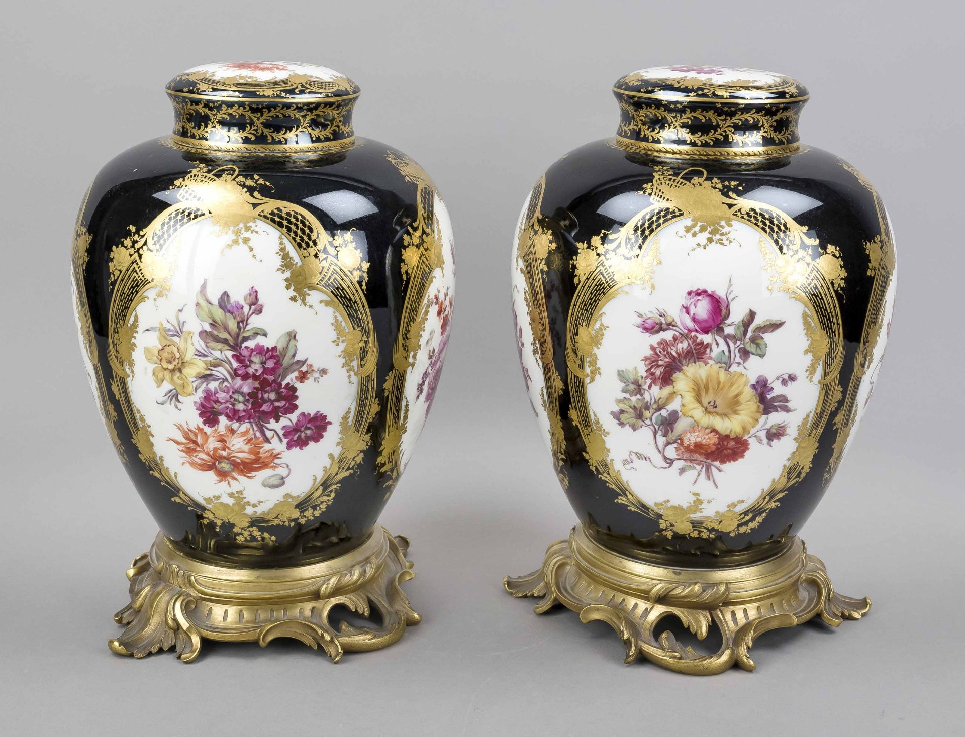 A pair of urn vases, KPM Berlin, mark 1870-1945, 1st choice, red imperial orb mark, bulbous form - Image 2 of 5