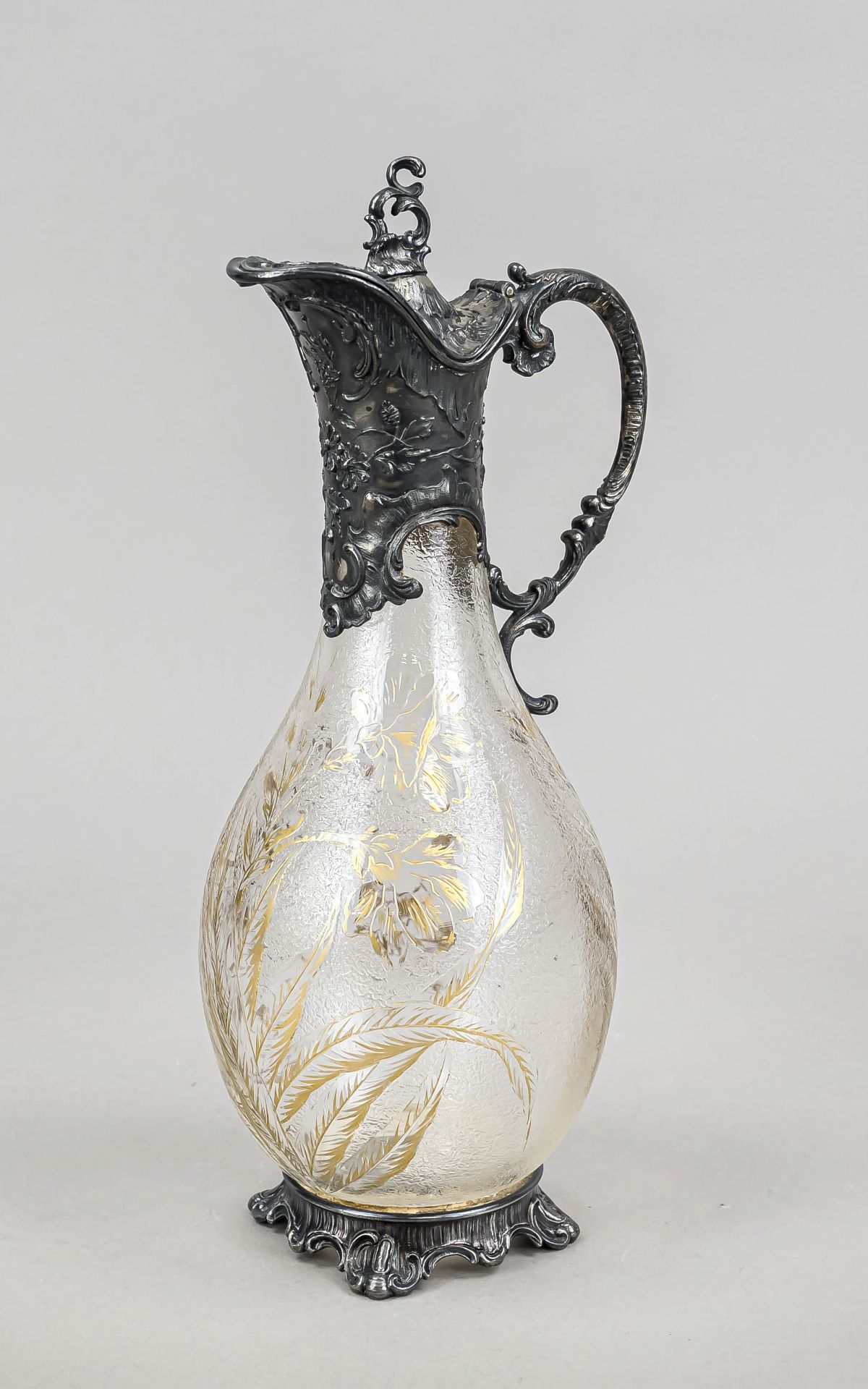 Art Nouveau decanter with pewter mounting, c. 1900, round curved stand, hinged lid mounting with