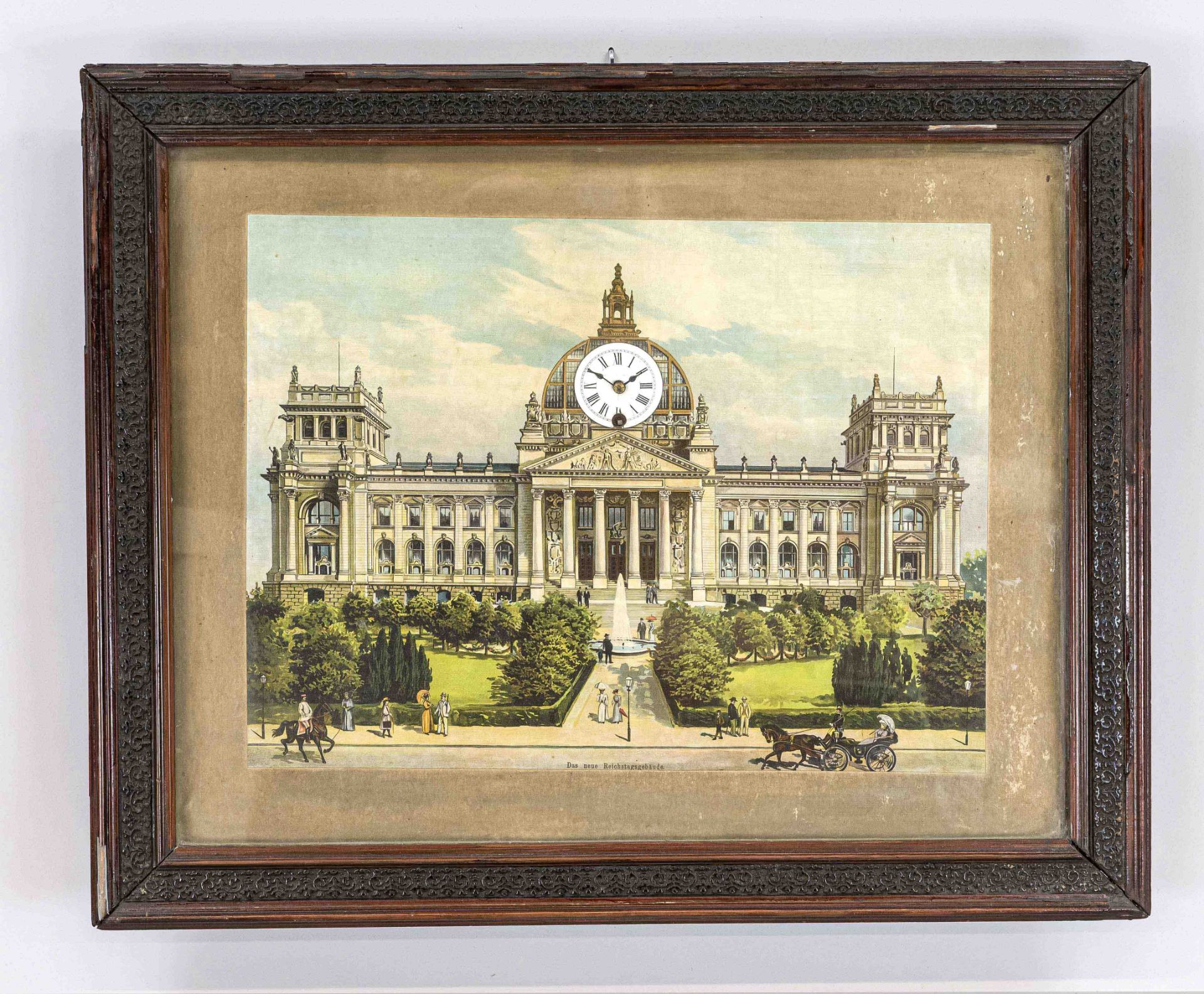 Picture clock depicting the new Reichstag building, c. 1890, chromolithograph, mahogany frame,