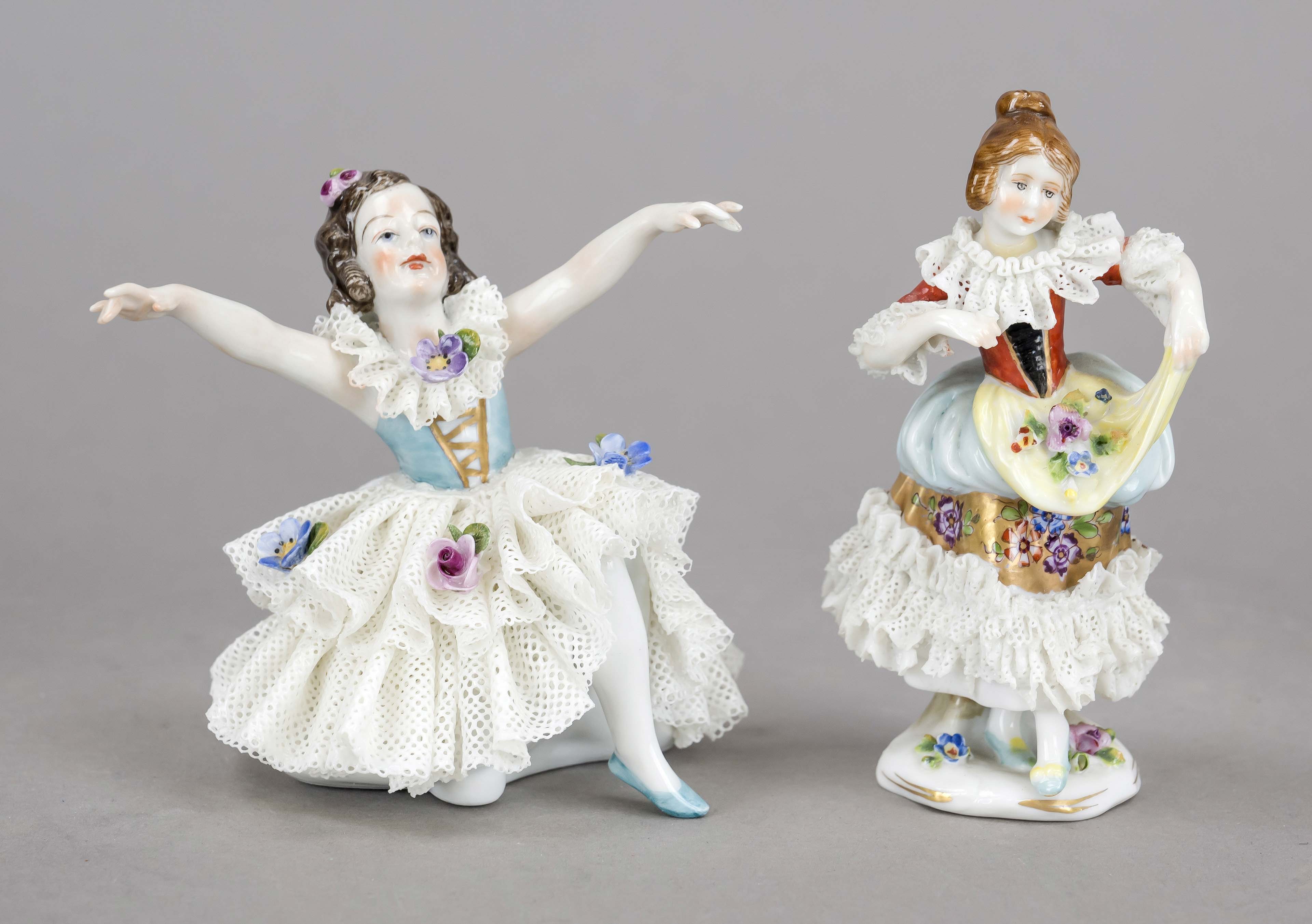 Two figures, Thuringia, 20th century, kneeling ballet dancer, Volkstedt, h. 9 cm and flower girl,