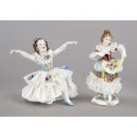 Two figures, Thuringia, 20th century, kneeling ballet dancer, Volkstedt, h. 9 cm and flower girl,