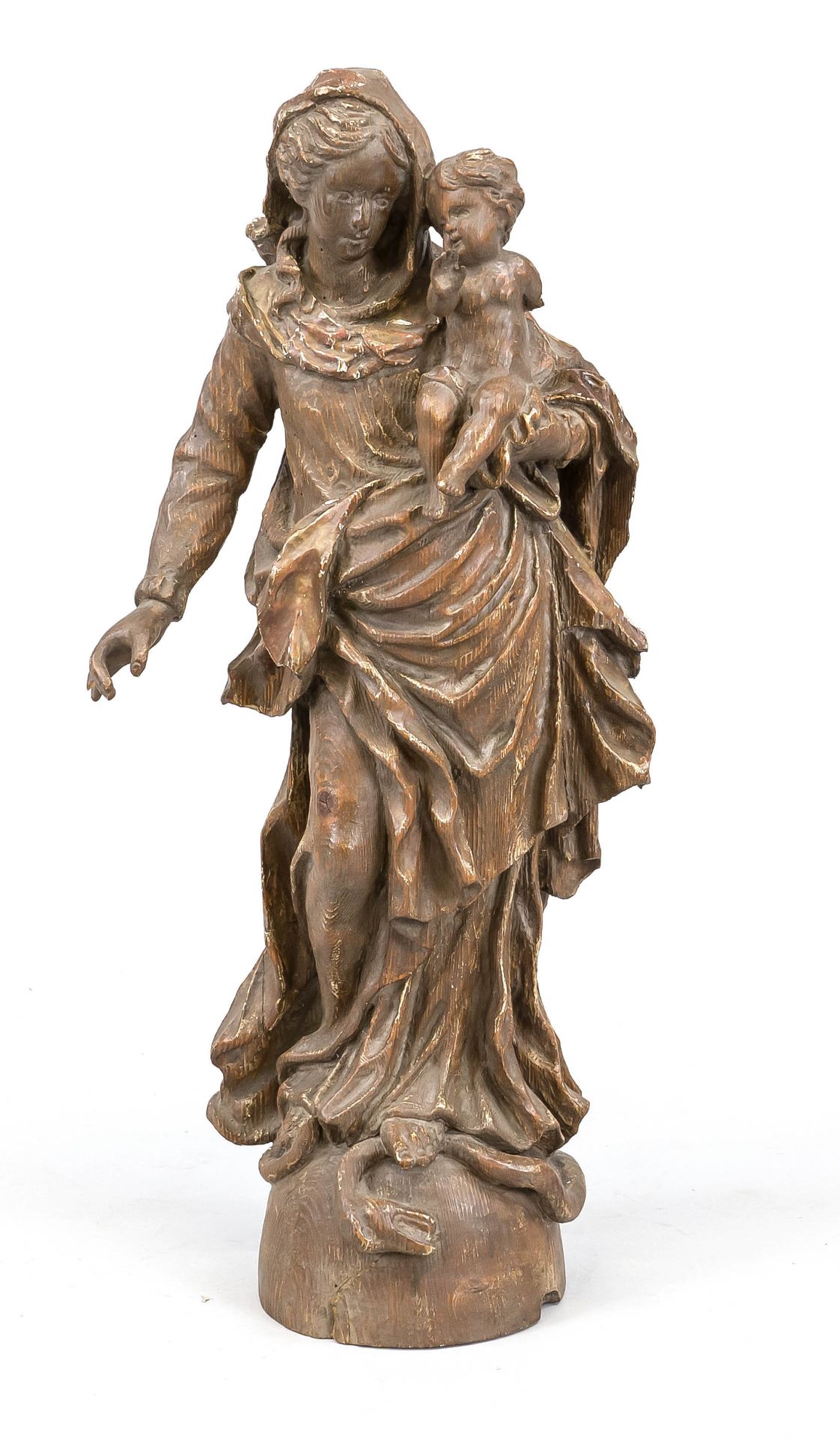 Anonymous sculptor of the 19th century, Madonna on the snake, full-size limewood sculpture,