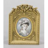 Miniature, 19th century, polychrome tempera painting on bone plate, unopened, oval portrait of an