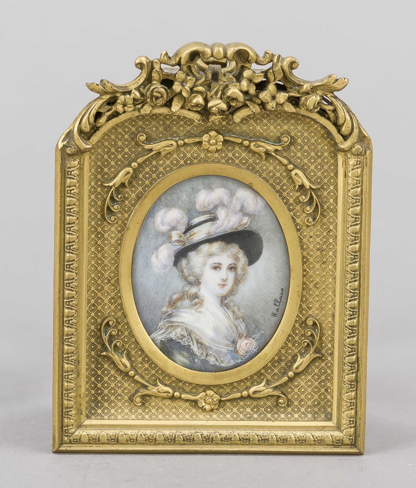 Miniature, 19th century, polychrome tempera painting on bone plate, unopened, oval portrait of an