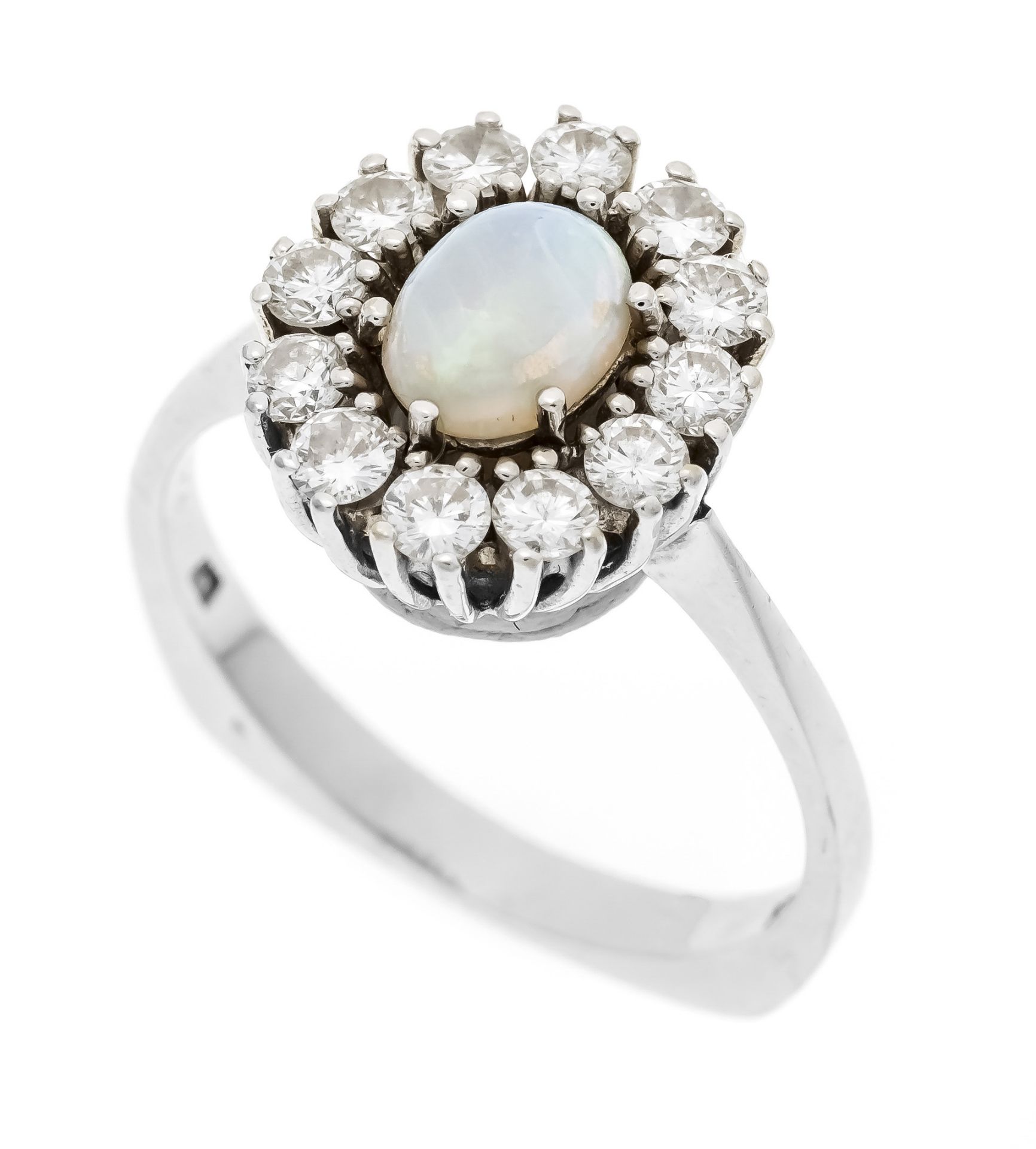 Opal-brilliant ring WG 585/000 with an oval opal cabochon 6.5 x 4.8 mm with a slight play of