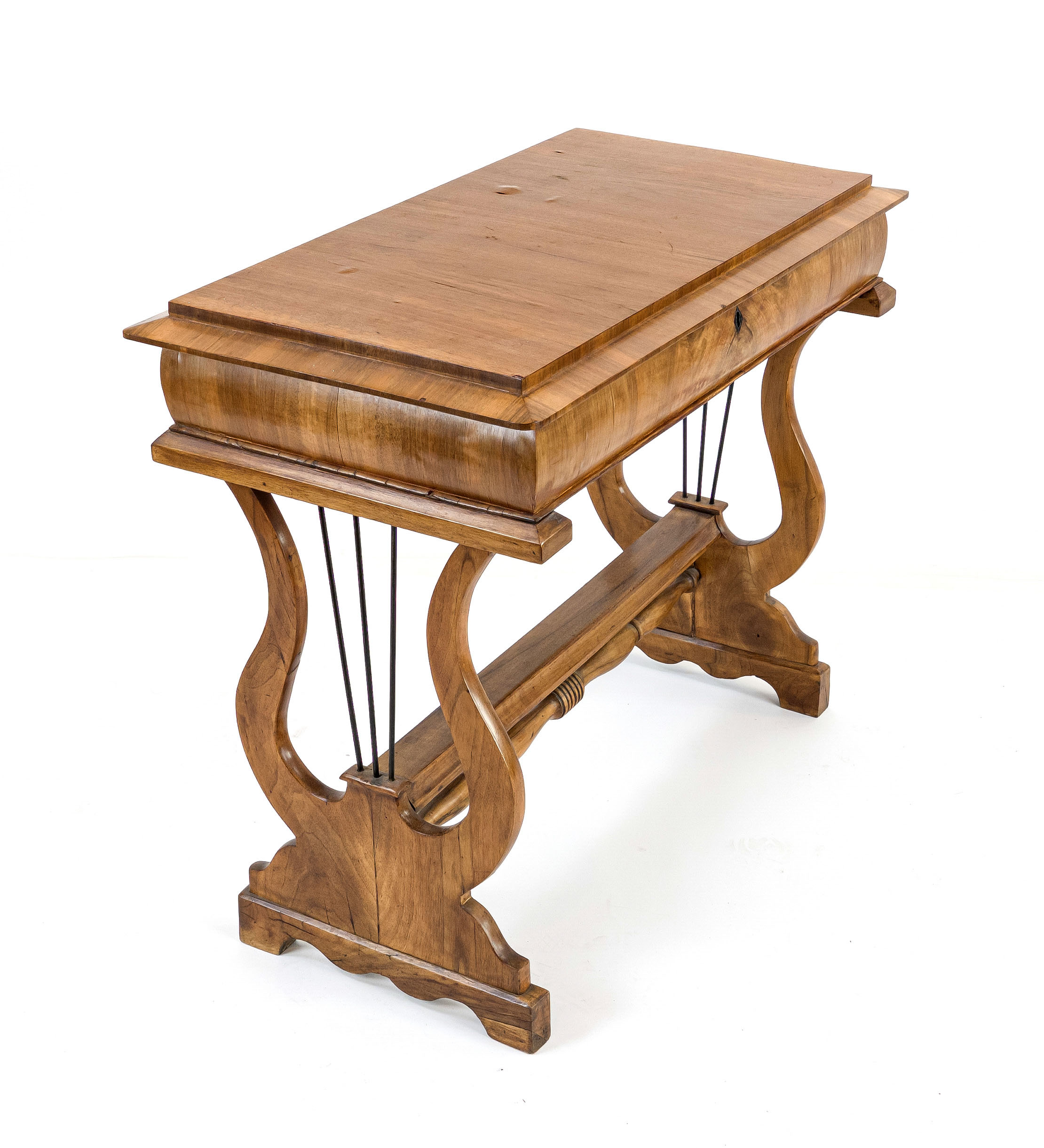 Biedermeier console table, circa 1830, walnut, lyre-shaped sides, top hinged upwards, 76 x 88 x 49 - Image 2 of 2