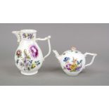 Two jugs, Meissen, c. 1750, coffee pot, with J-handle and cartouche spout, chipped, lid missing,