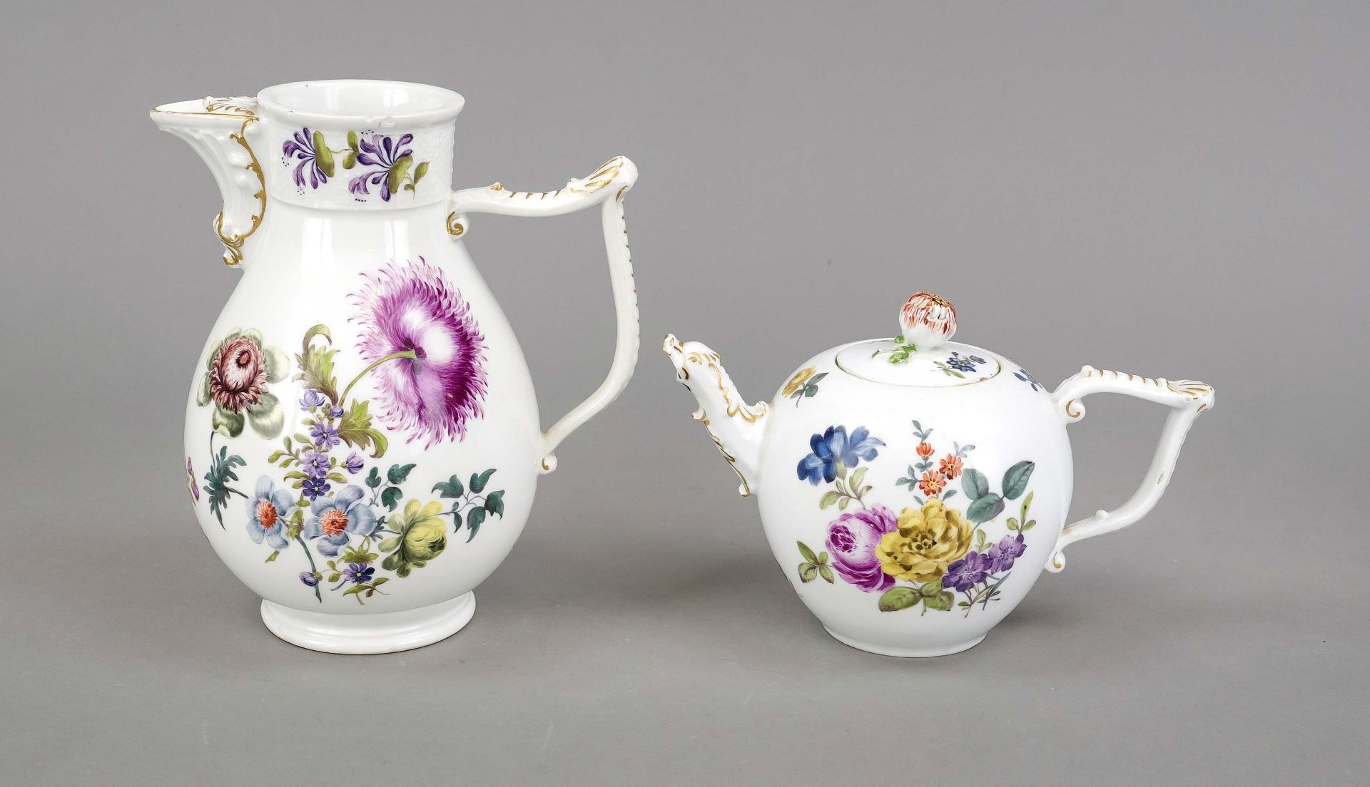 Two jugs, Meissen, c. 1750, coffee pot, with J-handle and cartouche spout, chipped, lid missing,