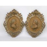 Pair of wall reliefs Mozart and Beethoven, late 19th century, white metal bronzed and gold bronzed