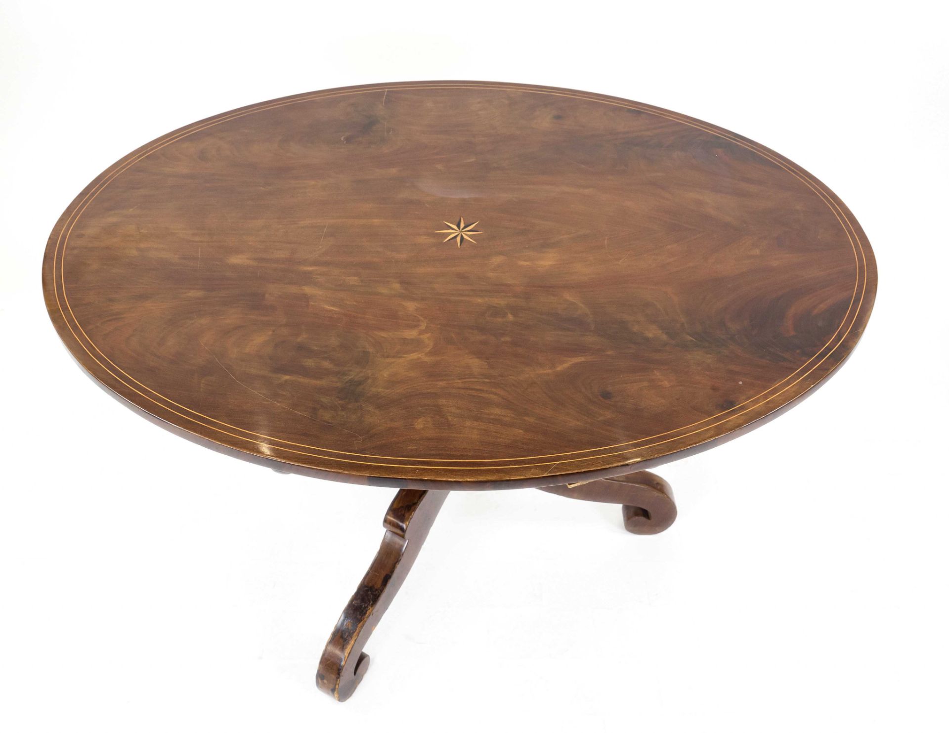Biedermeier table, early 19th century, mahogany, oval top with double thread inlay and central - Image 2 of 2