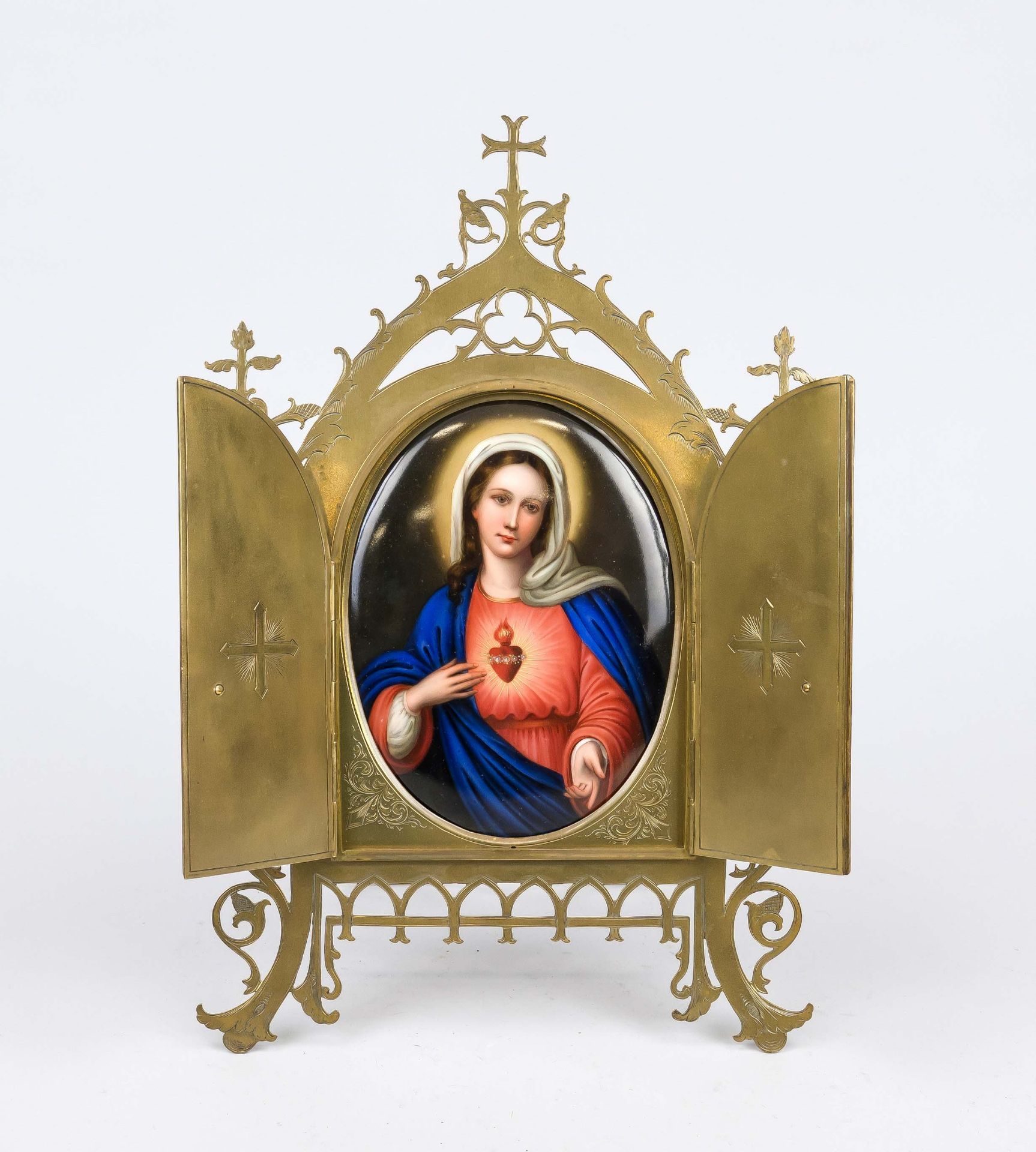 House altar with Madonna painting, 19th century, brass/bronze and porcelain painting. Neo-Gothic