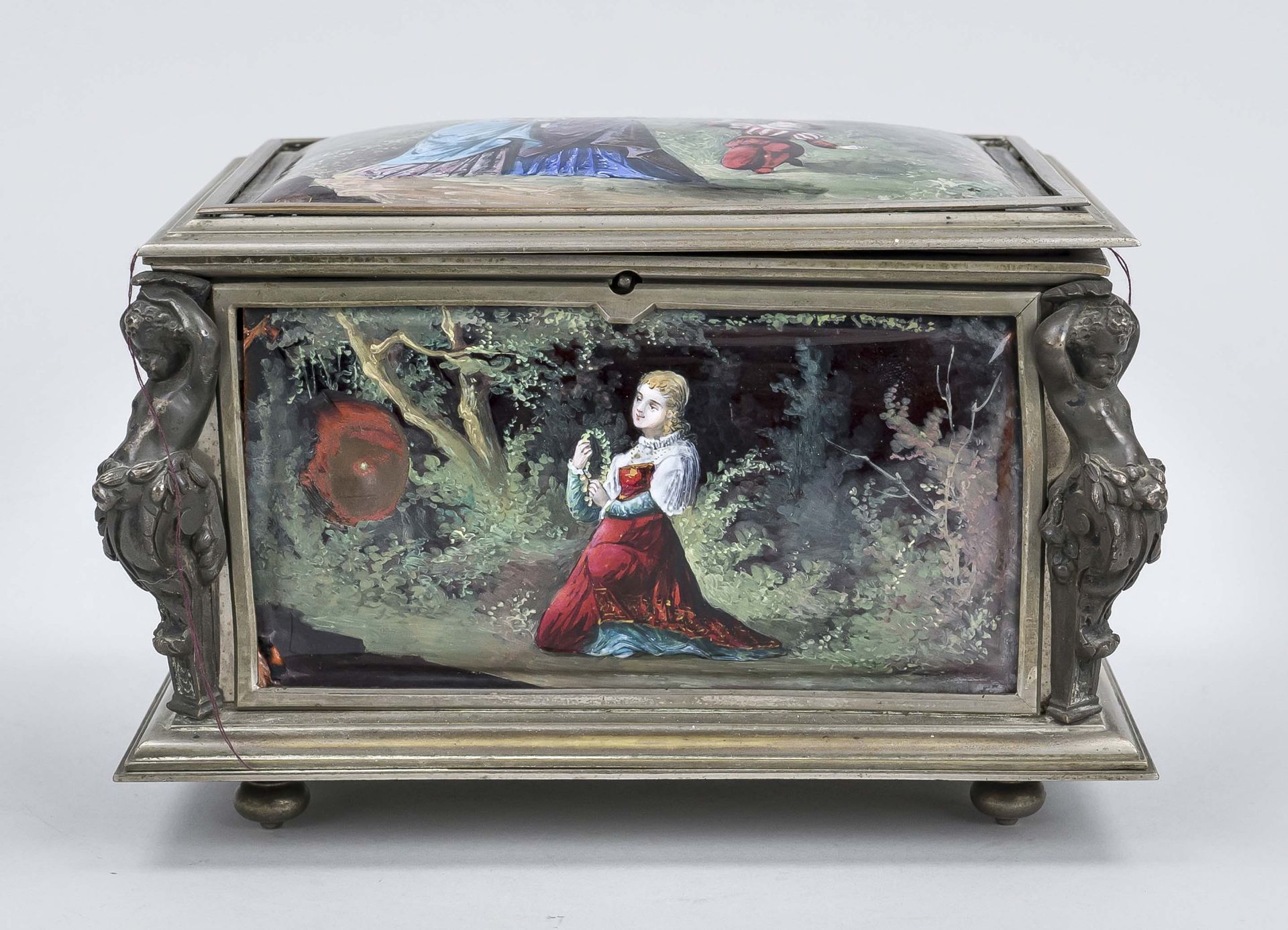 Casket with enamel painting, probably France (Limoges?), late 19th century, rectangular body with - Image 2 of 5