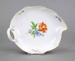 Leaf bowl, Meissen, mark after 1950, 2nd choice, polychrome painting, decor colorful flower with
