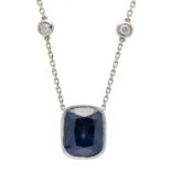 Sapphire-brilliant necklace WG 750/000 with an antique-cut faceted sapphire 9.5 ct in a grayish