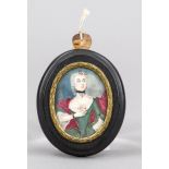 Oval miniature, German c. 1750, polychrome tempera painting on bone plate. A young Rococo woman in