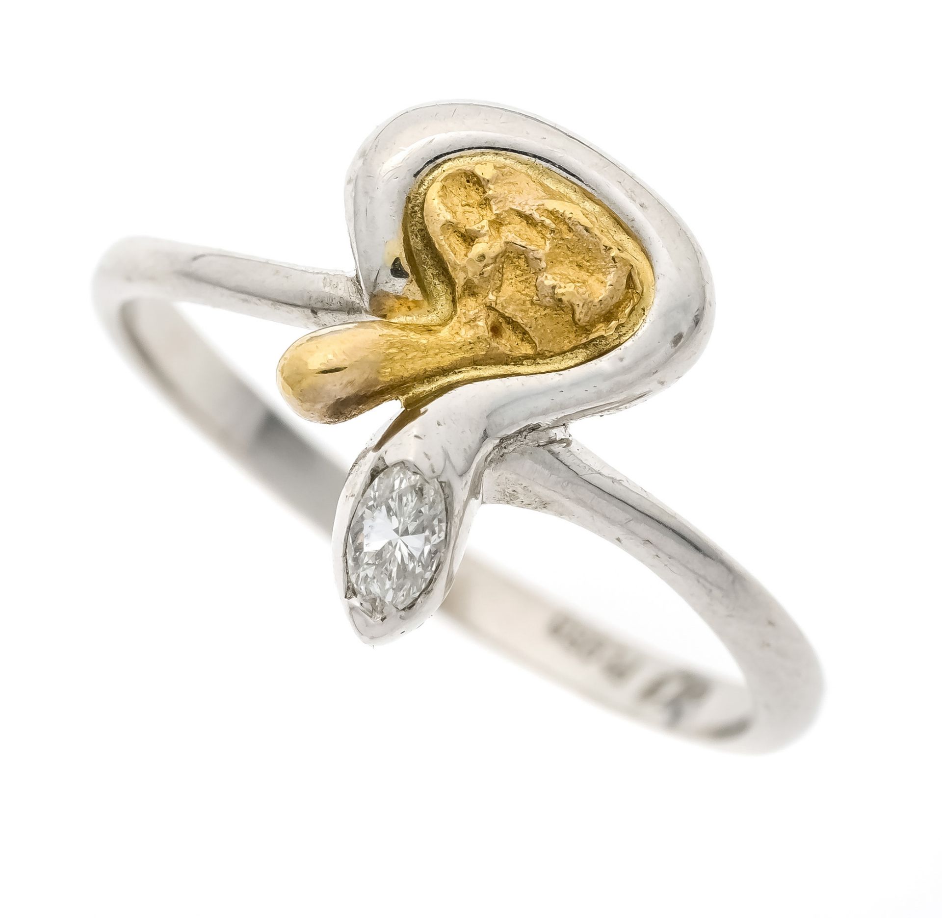 Stylized snake ring platinum 950/000 and yellow gold with a diamond navette 0.06 ct W/VS-SI, RG