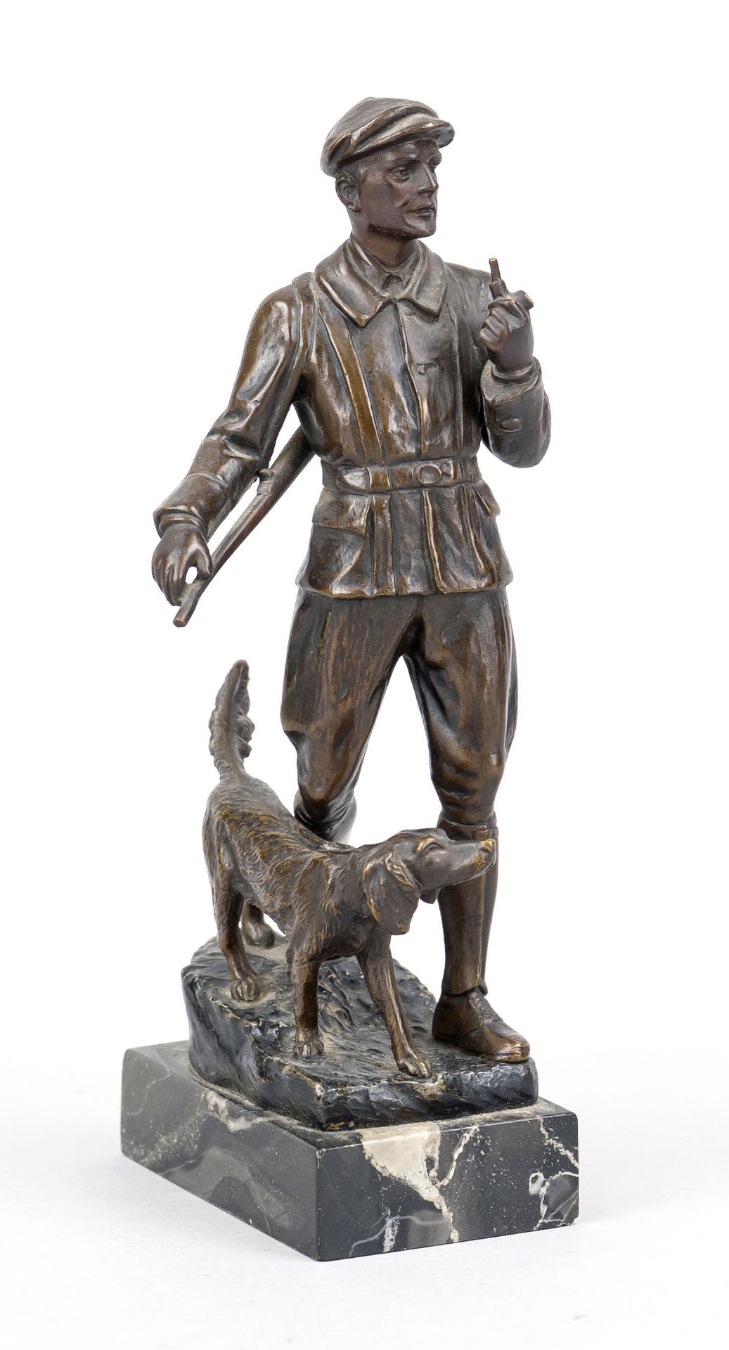 Rudolf Bröse (1865-1944), Hunter with dog on the prowl, bronze, brown patina over marble plinth, - Image 2 of 2