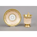 Cup with saucer, KPM Berlin, 1830s, 1st choice, bell shape with rosette handle, apricot ground