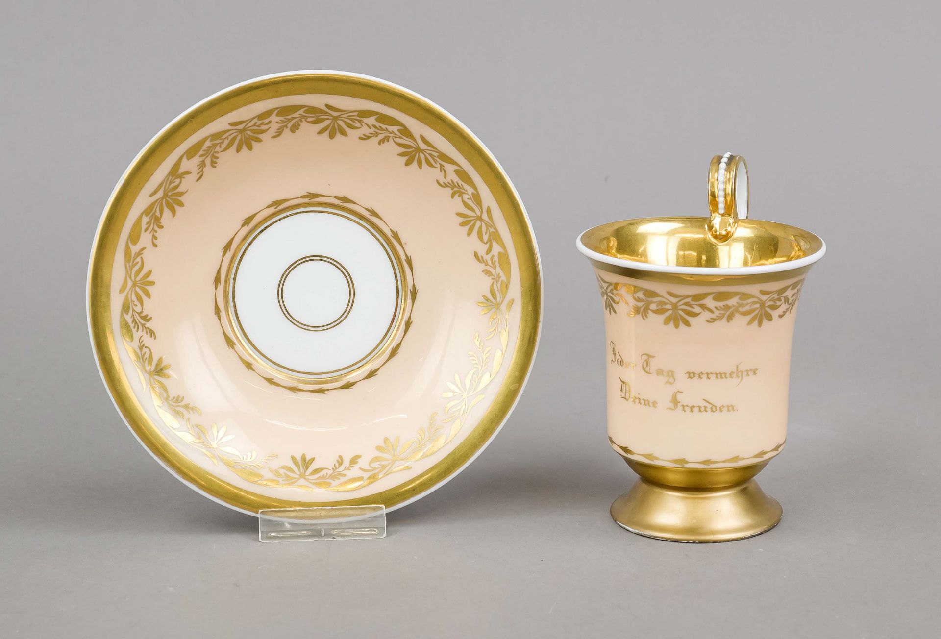 Cup with saucer, KPM Berlin, 1830s, 1st choice, bell shape with rosette handle, apricot ground