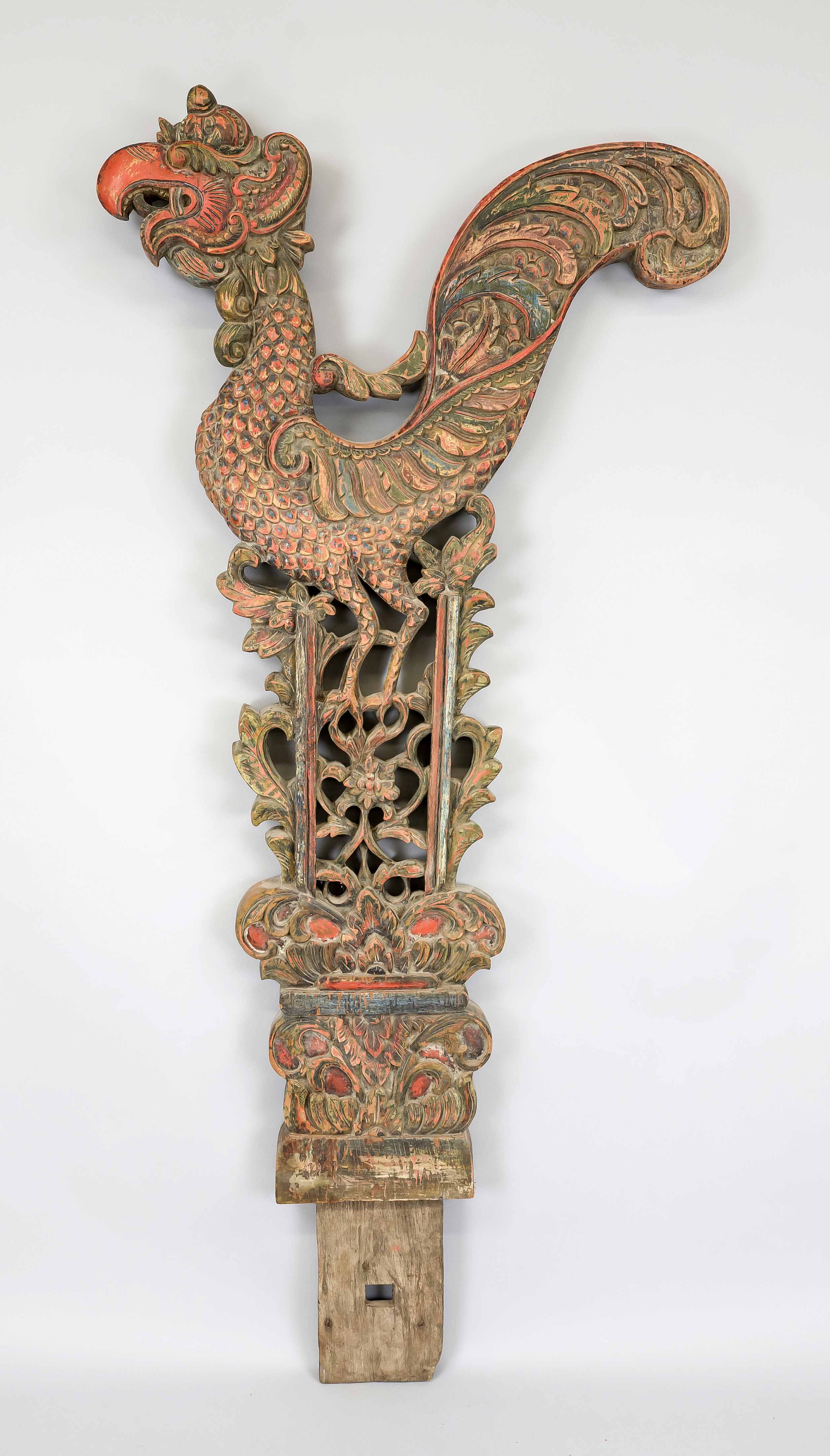 Large carving with rooster, Thailand, probably around 1900, Asian hardwood, polychrome painted.