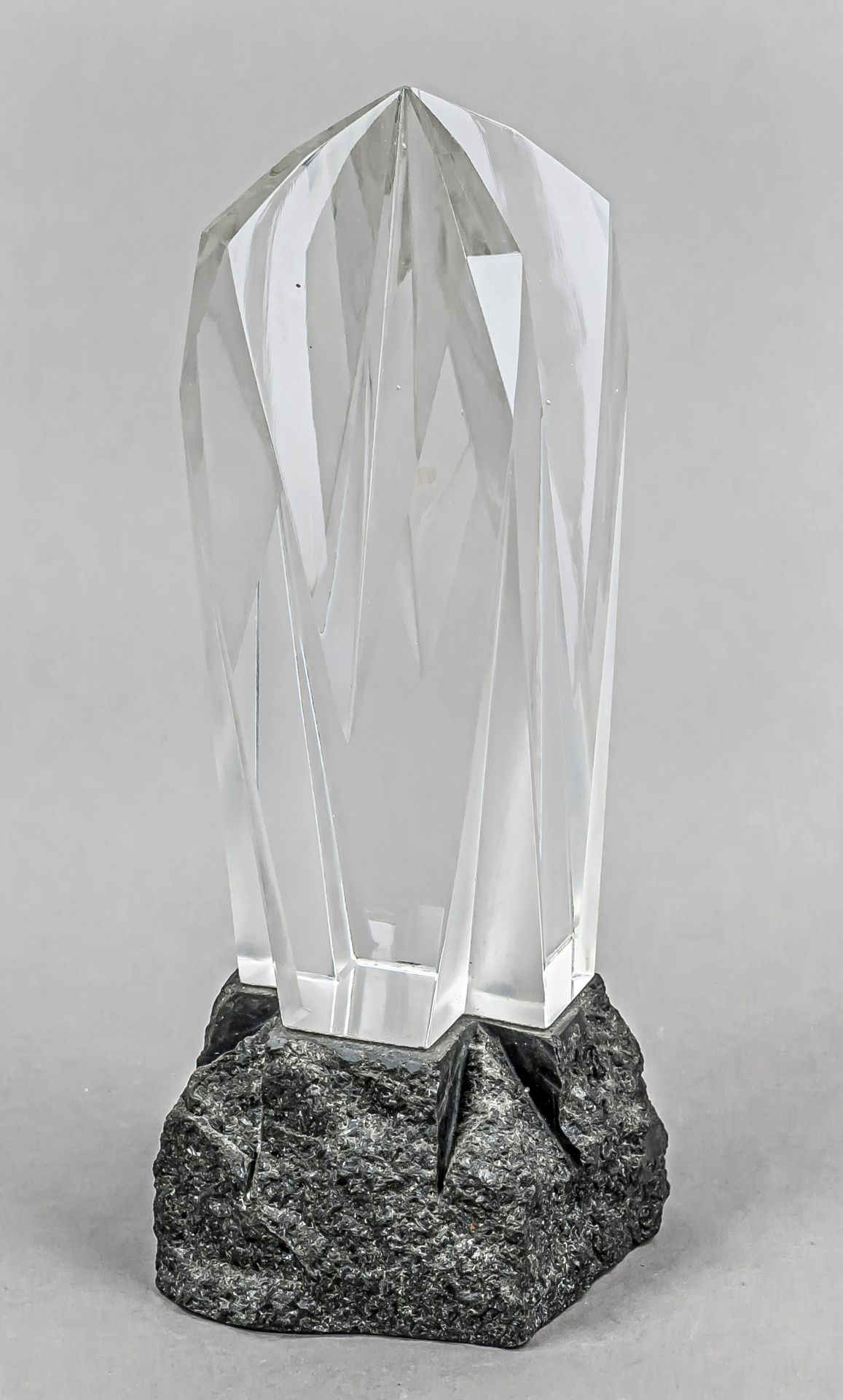 Glass object, Willi Pistor (*1935), 1980, angular clear glass, partly frosted, signed and dated,