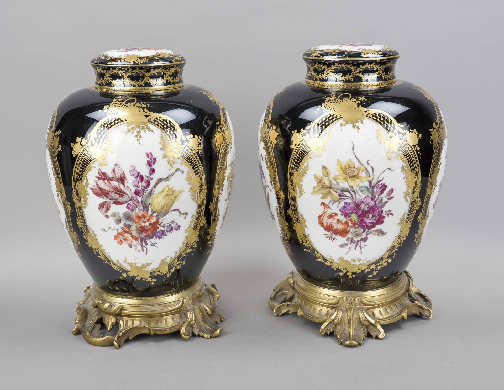 A pair of urn vases, KPM Berlin, mark 1870-1945, 1st choice, red imperial orb mark, bulbous form