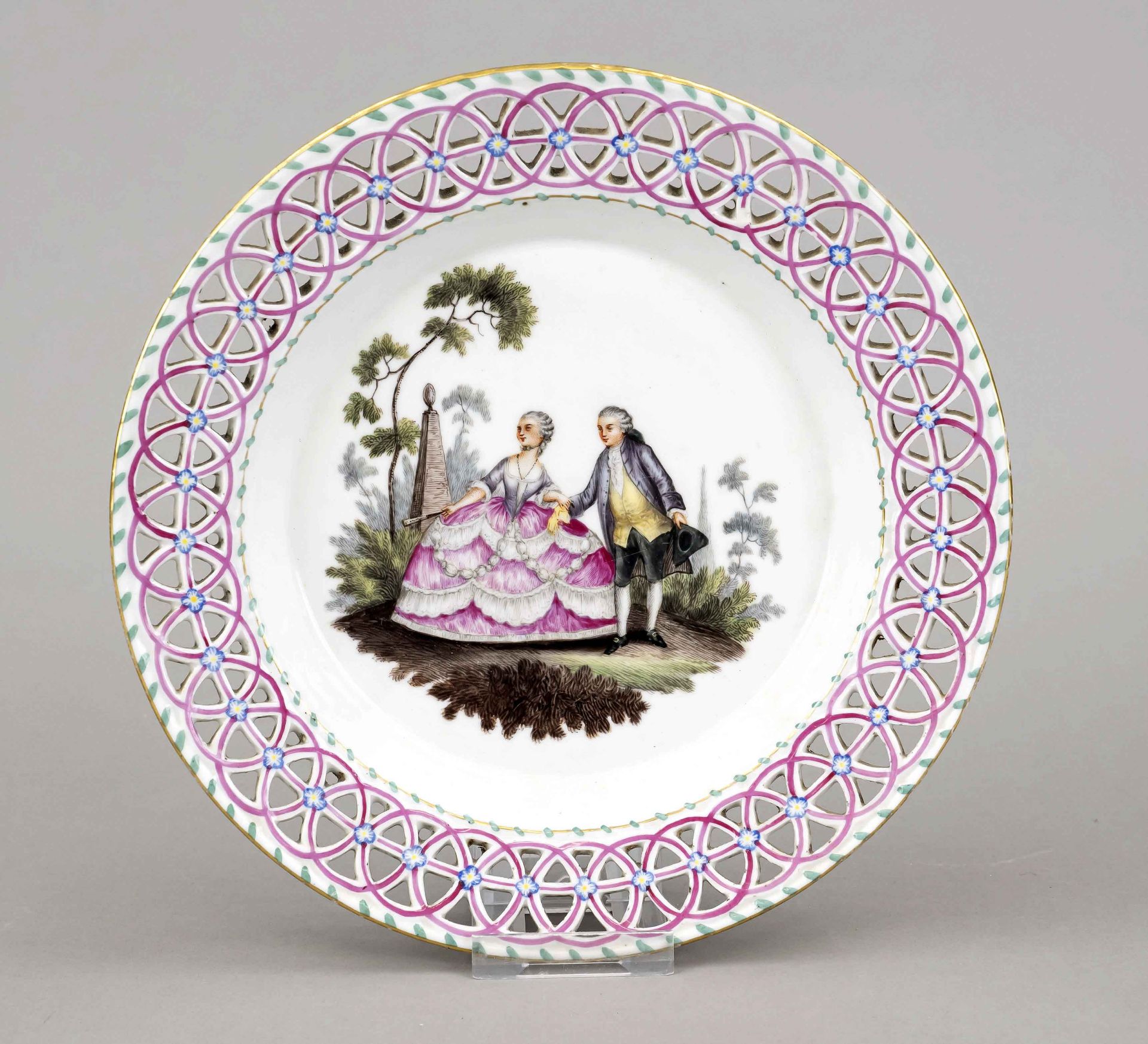 Openwork plate, 18th century, Marcolini imitation mark, w. Fürstenberg, polychrome painting of a