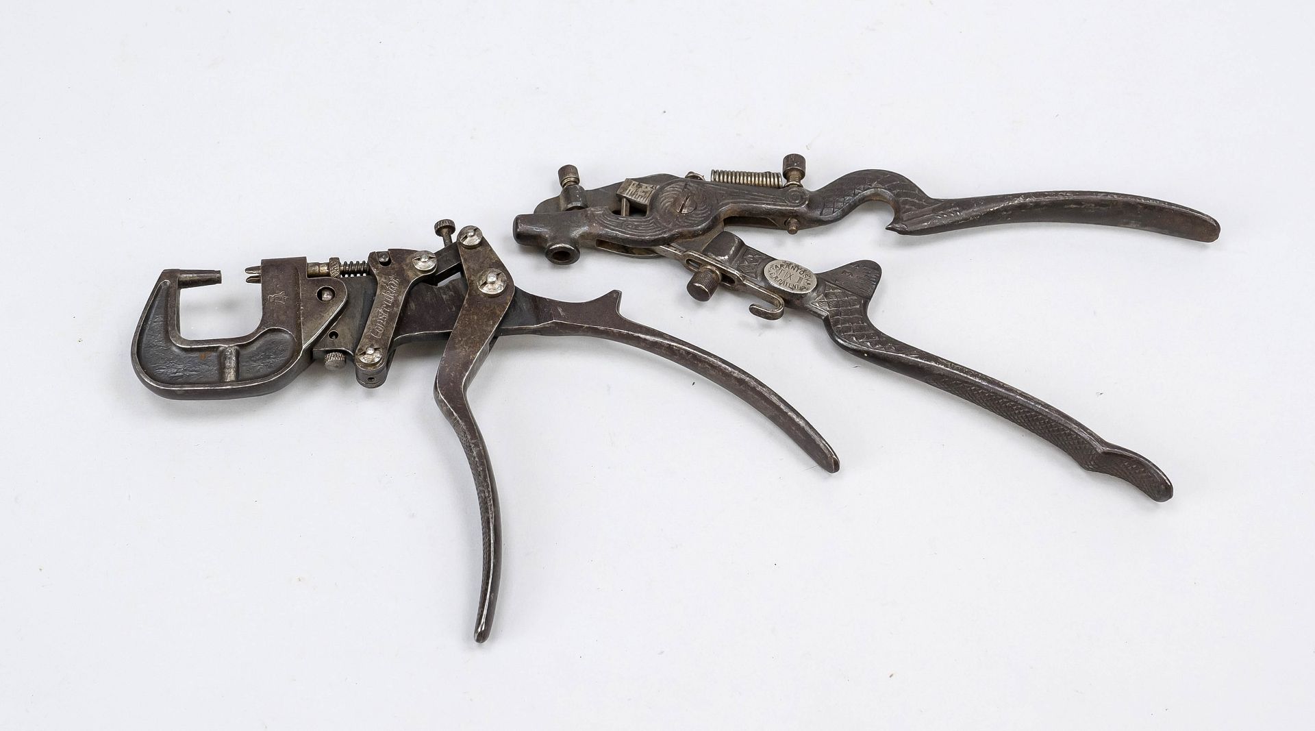 2 historic special pliers, late 19th/early 20th century, iron. One marked ''Constructor'', the other