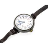 Men's watch in burnished steel case, circa 1920, white enamel dial with black Arabic numerals and