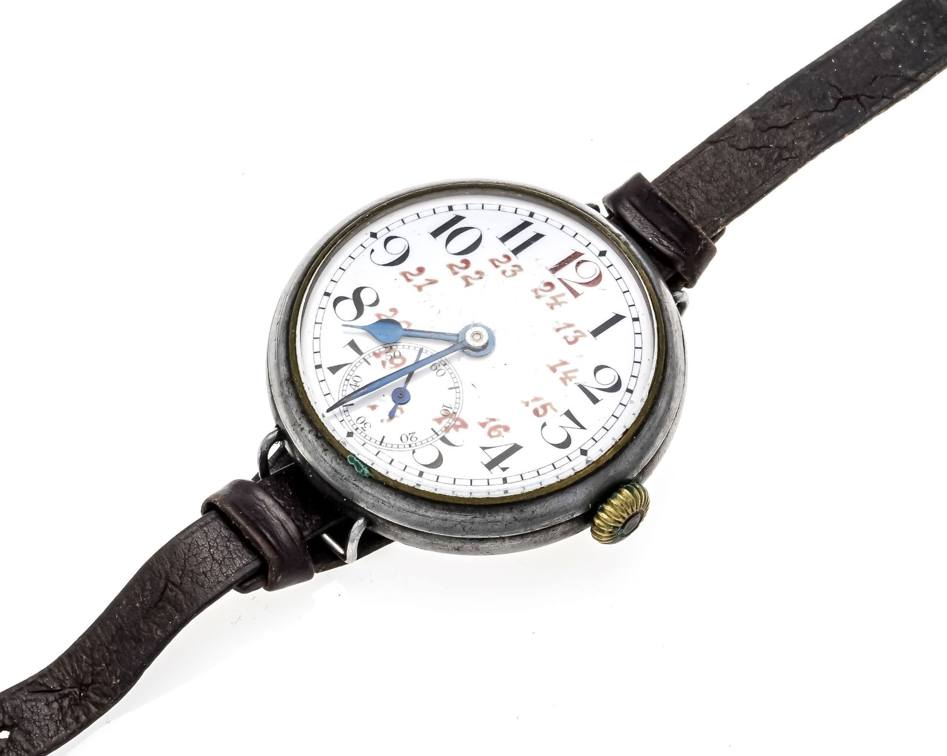 Men's watch in burnished steel case, circa 1920, white enamel dial with black Arabic numerals and