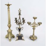 Three different candlesticks, 19th/20th century, marble, brass and bronze, h. up to 54 cm