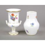 Two small vases, Meissen, krater vase with side handles, mark after 1934, 1st choice, polychrome