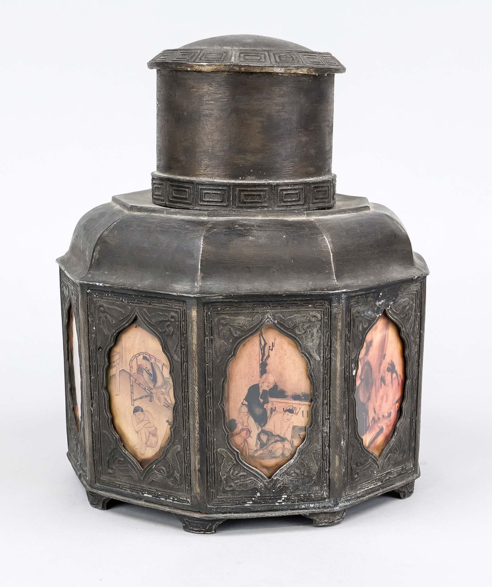 Tea caddy, China late 19th century (late Qing). Faceted pewter body with framed pictures behind - Image 3 of 3