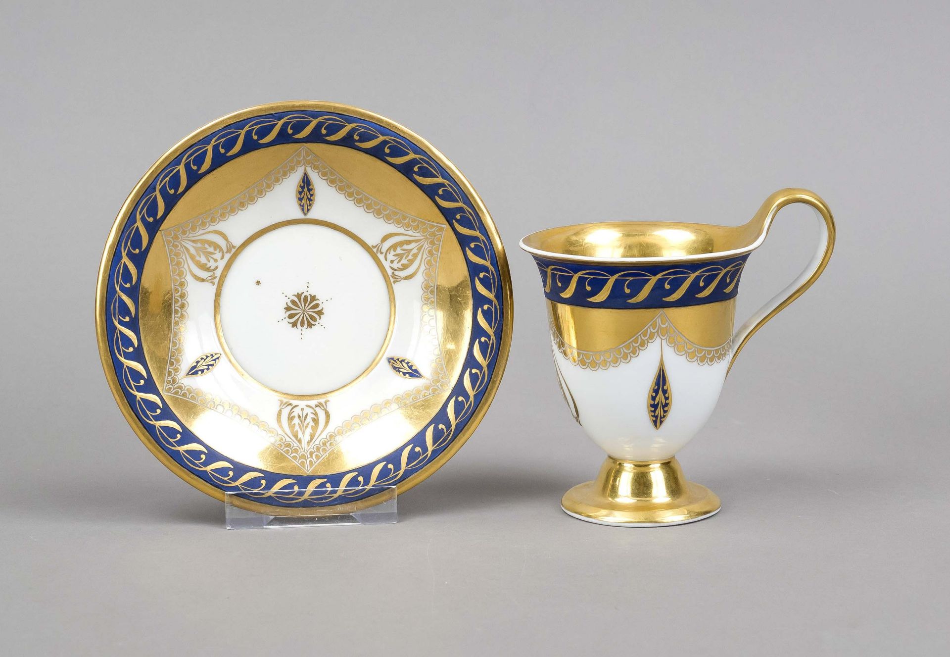 Cup and saucer, KPM Berlin, c. 1820s, painter's signature, bell-shaped cup with campanile handle and