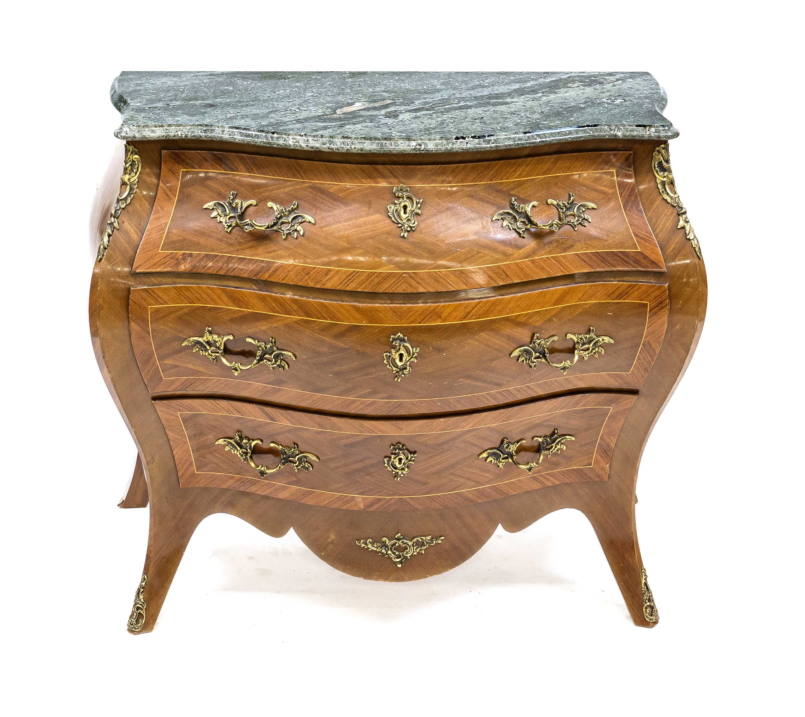 Baroque-style chest of drawers, 20th century, mahogany, cambered body with three drawers, profiled