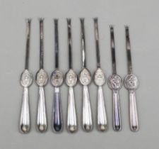 Eight lobster forks, 20th century, predominantly Axel Gabriel Dufva, Stockholm, alpacca, 2