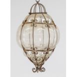 Murano ceiling lantern, probably 19th century, transparent glass shade blown into the iron frame,