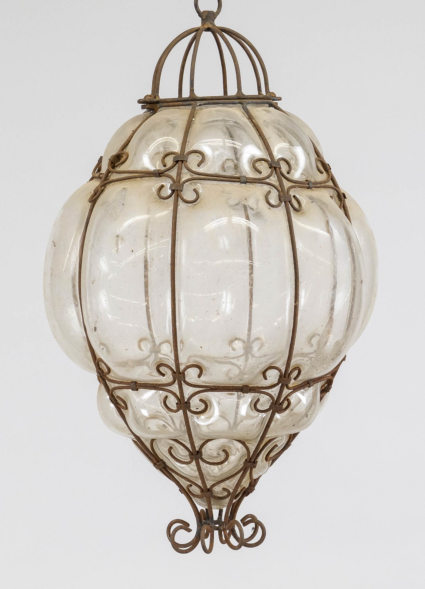 Murano ceiling lantern, probably 19th century, transparent glass shade blown into the iron frame,