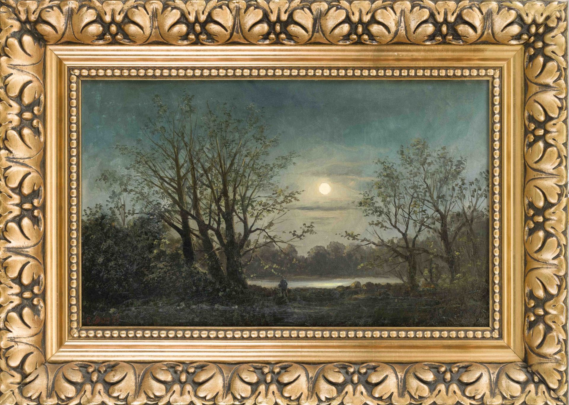 C. Bussi, French painter 2nd half 19th century, Hunter on a full moon night on a wooded lakeshore,