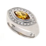 Citrine diamond ring WG 585/000 with a faceted Madeira citrine navette 9.6 x 5.0 mm and 20