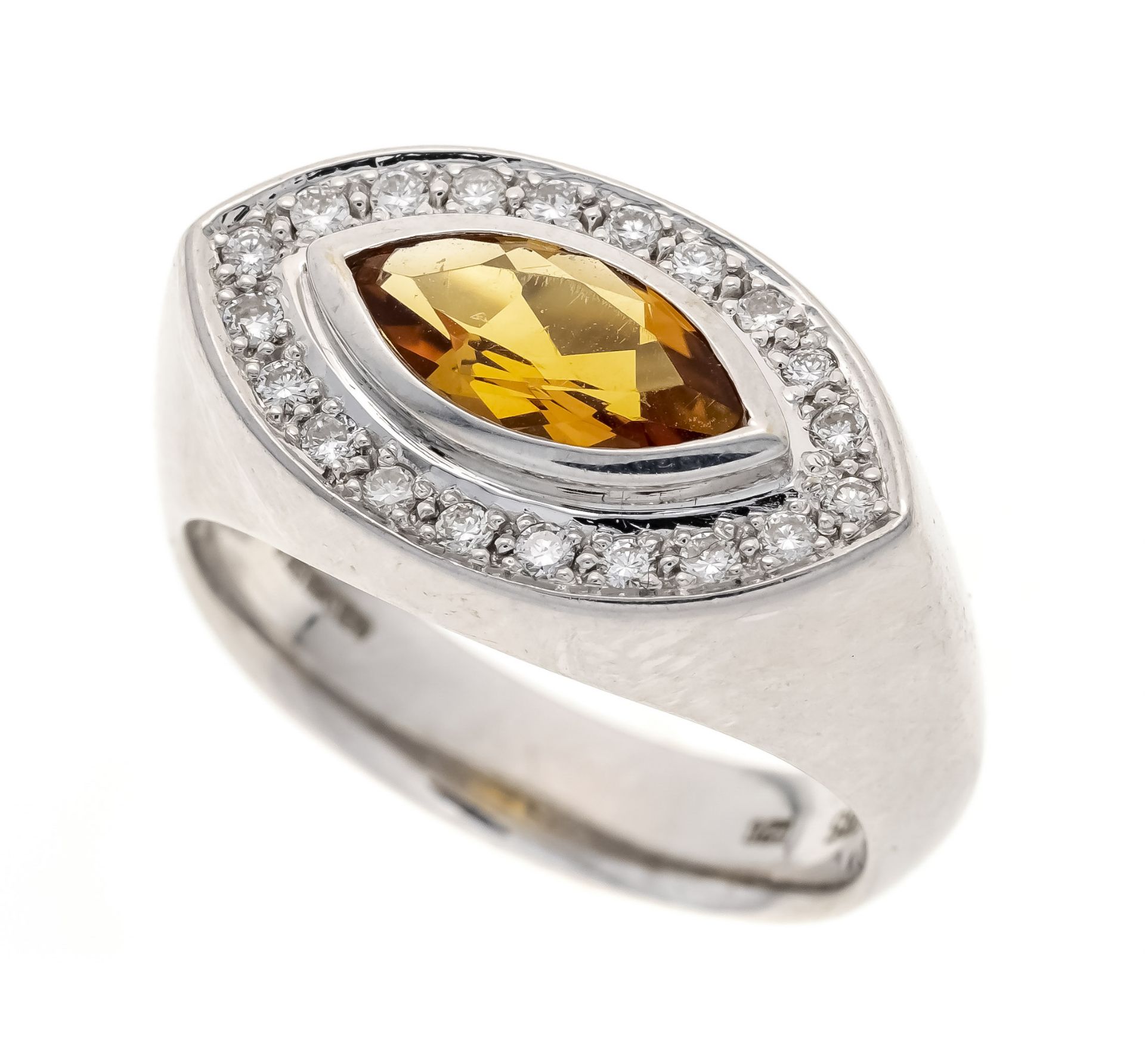 Citrine diamond ring WG 585/000 with a faceted Madeira citrine navette 9.6 x 5.0 mm and 20