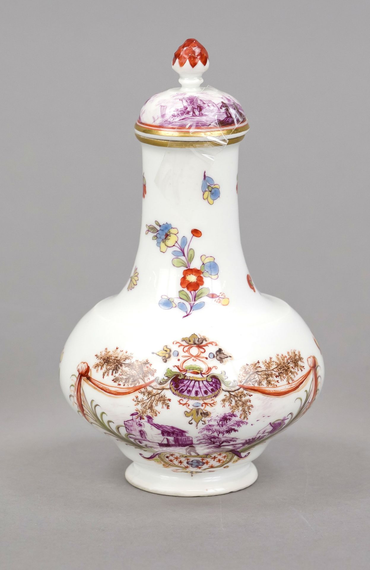 Flacon, Meissen, 18th century, of baluster form on a round base, domed cover with cone finial, the