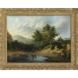 English painter of the 19th century, hilly landscape in the evening light with castle ruins and