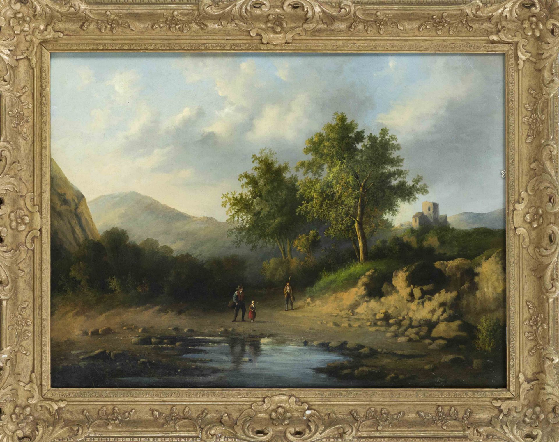 English painter of the 19th century, hilly landscape in the evening light with castle ruins and