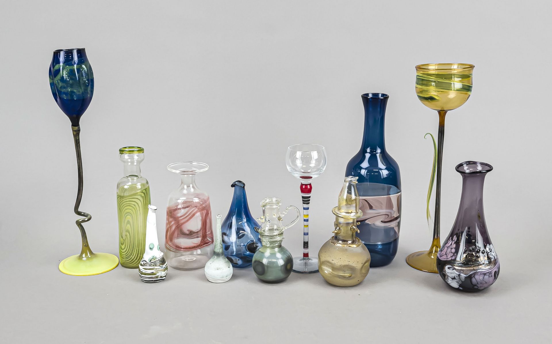 Mixed lot of twelve pieces of artist's glass, 2nd half 20th century, including Karl Schmid, vases,